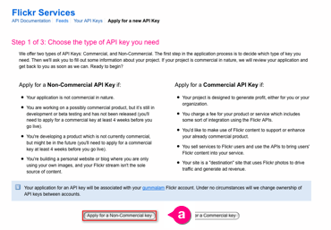 Apply for your API Key screen on Flickr